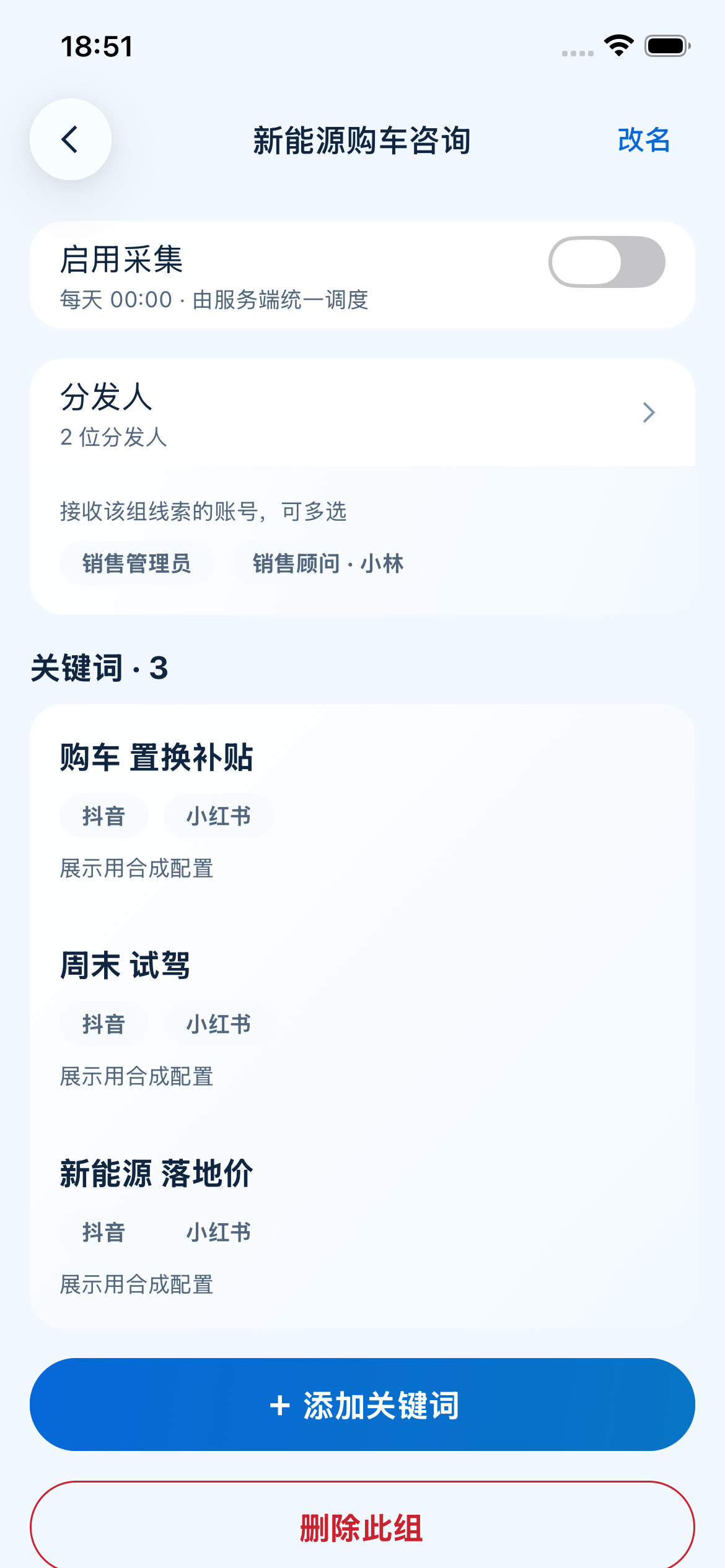 独立组详情，展示具体关键词与分发人配置
